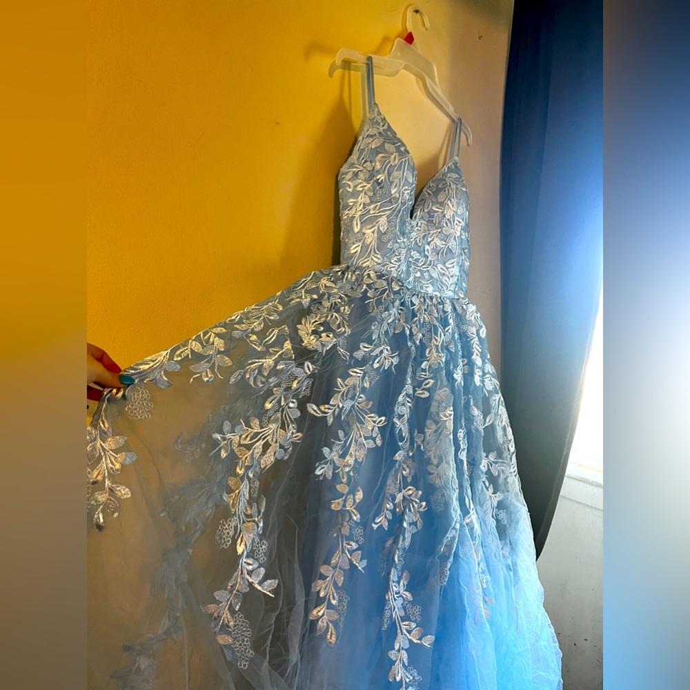 Light blue prom dress with floral detail